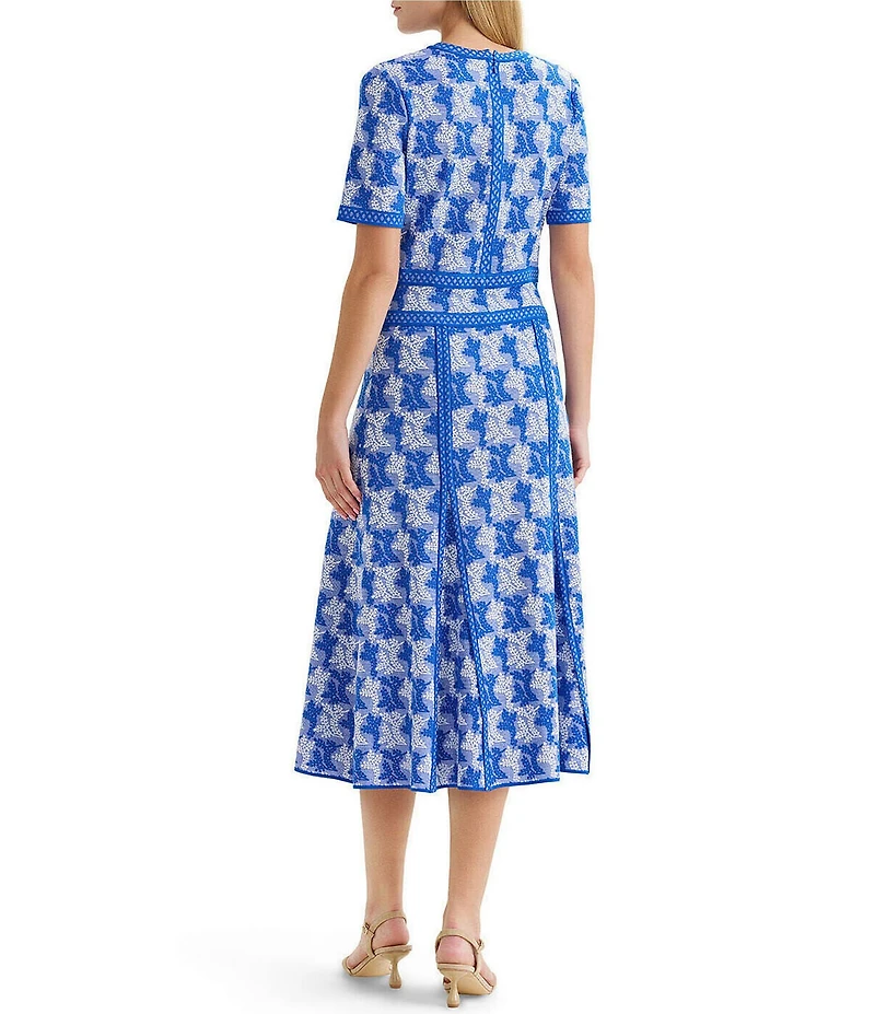 MISOOK Intarsia Knit Jewel Neck Short Sleeve Fit-And-Flare Midi Dress