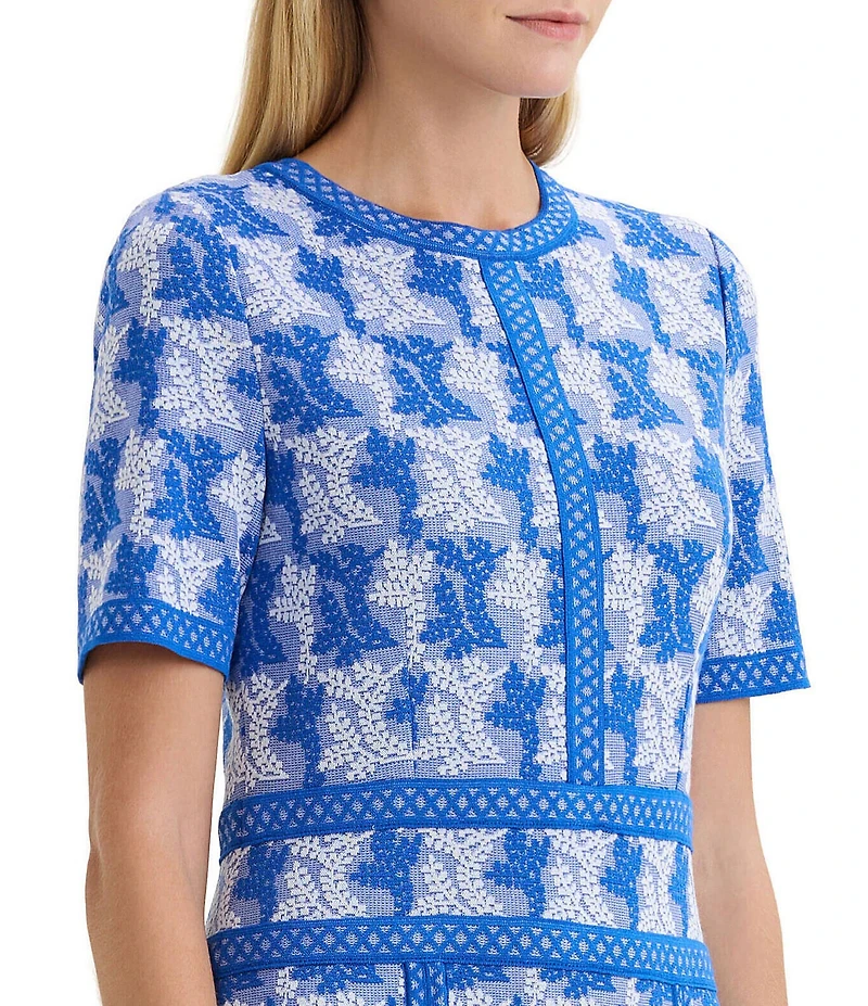 MISOOK Intarsia Knit Jewel Neck Short Sleeve Fit-And-Flare Midi Dress