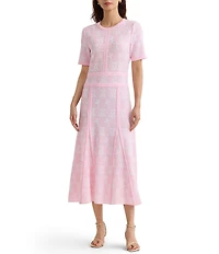 MISOOK Intarsia Knit Jewel Neck Short Sleeve Fit-And-Flare Midi Dress