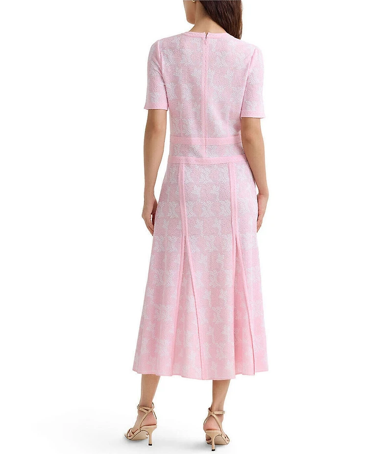 MISOOK Intarsia Knit Jewel Neck Short Sleeve Fit-And-Flare Midi Dress