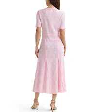 MISOOK Intarsia Knit Jewel Neck Short Sleeve Fit-And-Flare Midi Dress