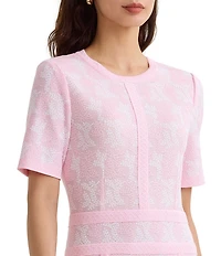 MISOOK Intarsia Knit Jewel Neck Short Sleeve Fit-And-Flare Midi Dress