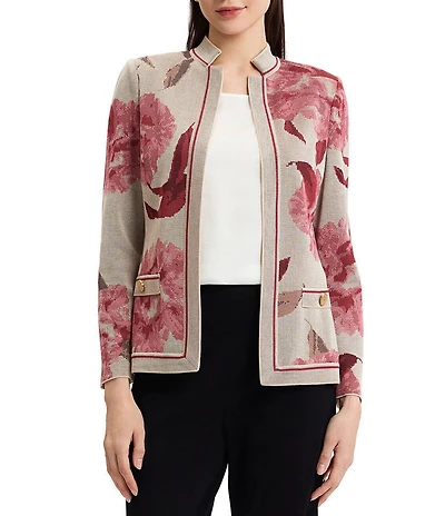 MISOOK Jacquard Flat Knit Heritage Floral Stand Collar Long Sleeve Jacket