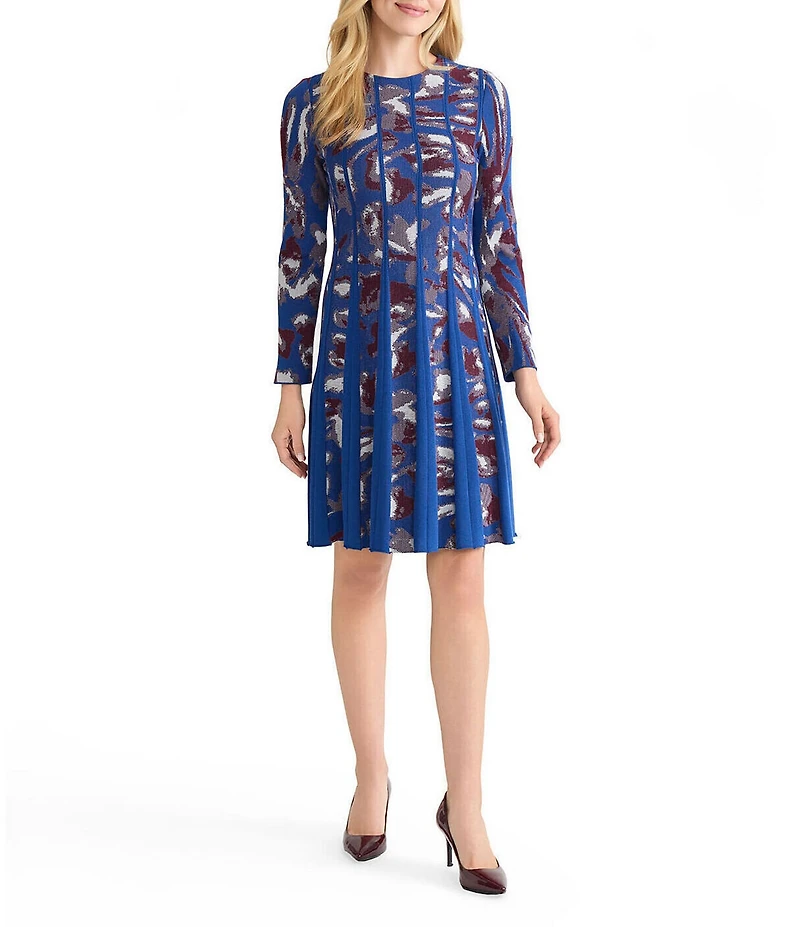 MISOOK Jacquard Knit Round Neck Long Sleeve Pleated A-Line Dress