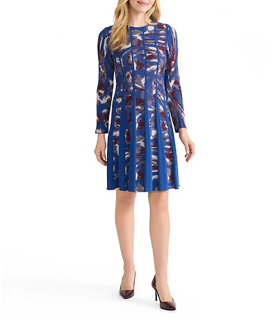 MISOOK Jacquard Knit Round Neck Long Sleeve Pleated A-Line Dress