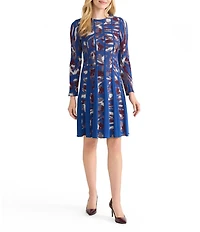 MISOOK Jacquard Knit Round Neck Long Sleeve Pleated A-Line Dress