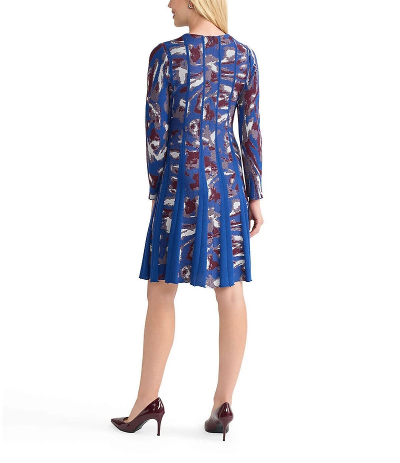 MISOOK Jacquard Knit Round Neck Long Sleeve Pleated A-Line Dress