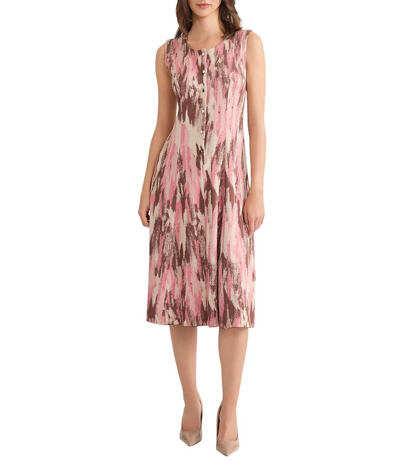 MISOOK Knit Jacquard Brushstroke Print Scoop Neck Sleeveless Button Front Fit And Flare Midi Dress
