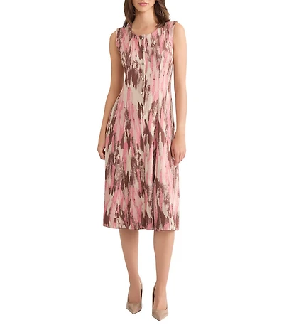 MISOOK Knit Jacquard Brushstroke Print Scoop Neck Sleeveless Button Front Fit And Flare Midi Dress