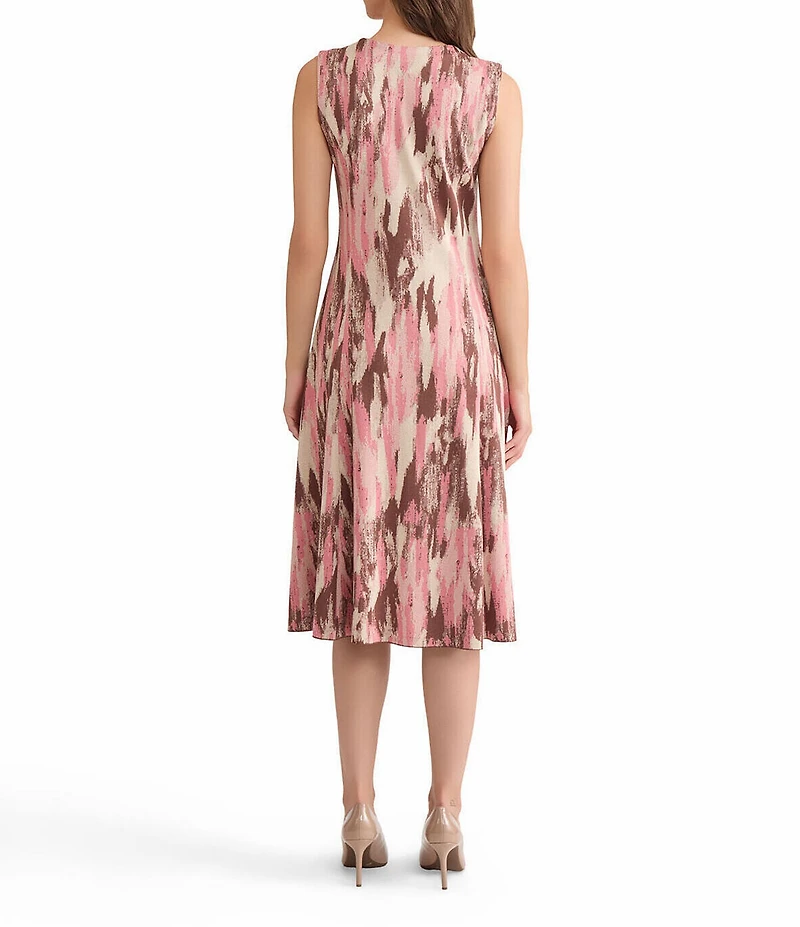 MISOOK Knit Jacquard Brushstroke Print Scoop Neck Sleeveless Button Front Fit And Flare Midi Dress