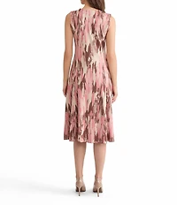 MISOOK Knit Jacquard Brushstroke Print Scoop Neck Sleeveless Button Front Fit And Flare Midi Dress