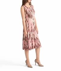 MISOOK Knit Jacquard Brushstroke Print Scoop Neck Sleeveless Button Front Fit And Flare Midi Dress