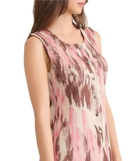 MISOOK Knit Jacquard Brushstroke Print Scoop Neck Sleeveless Button Front Fit And Flare Midi Dress