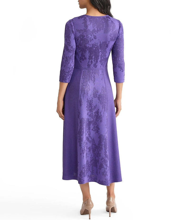 MISOOK Knit Jacquard V-Neck 3/4 Sleeve A-Line Tonal Dress
