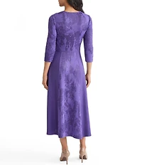 MISOOK Knit Jacquard V-Neck 3/4 Sleeve A-Line Tonal Dress