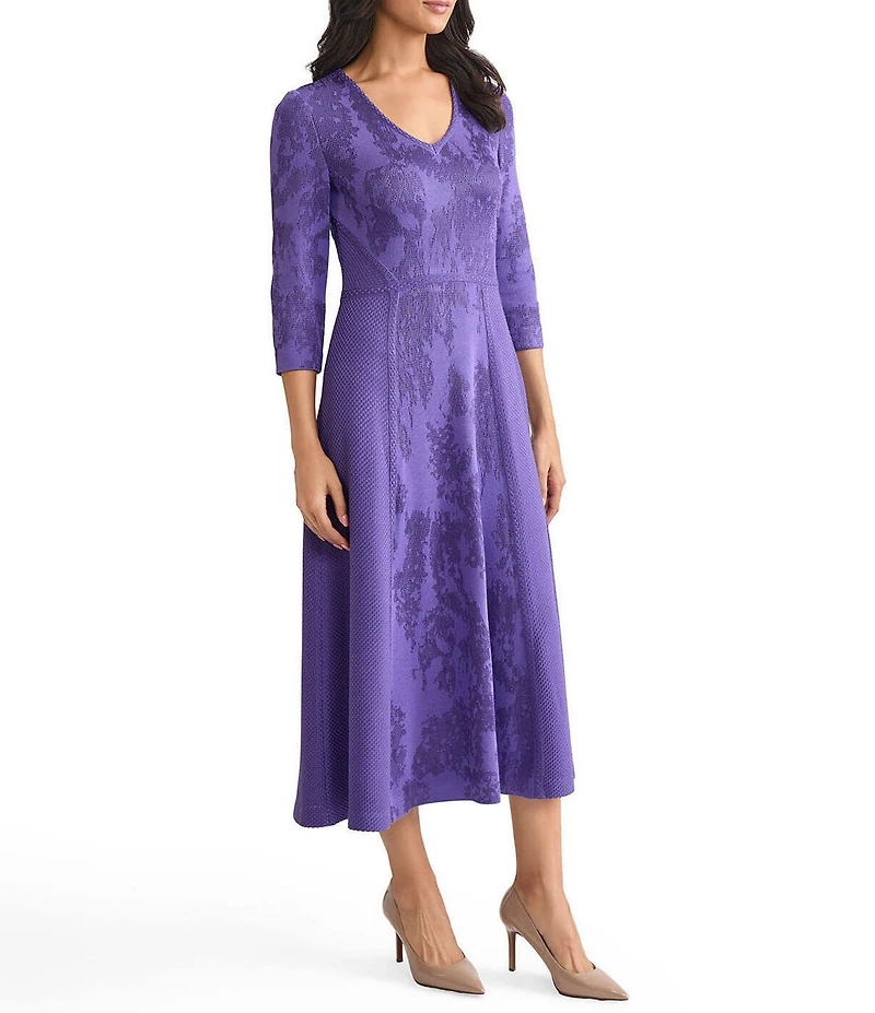 MISOOK Knit Jacquard V-Neck 3/4 Sleeve A-Line Tonal Dress