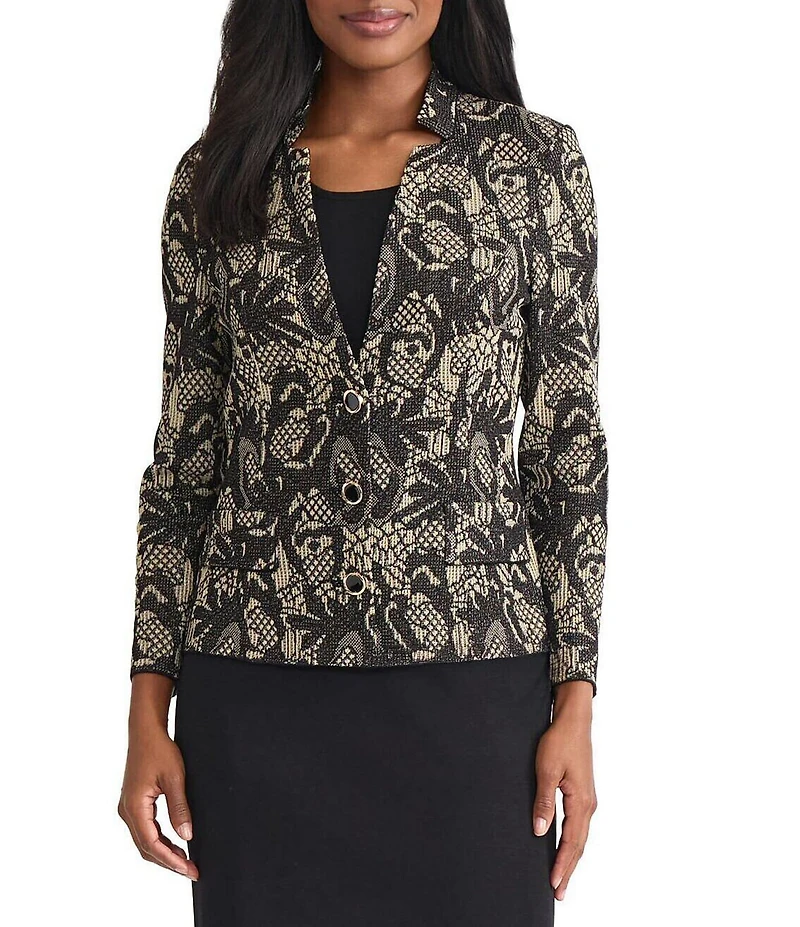 MISOOK Lace Floral Lurex Knit Notch Mandarin Collar Long Sleeve Jacket