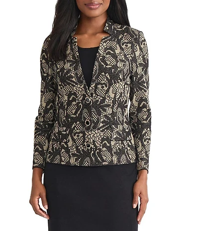 MISOOK Lace Floral Lurex Knit Notch Mandarin Collar Long Sleeve Jacket