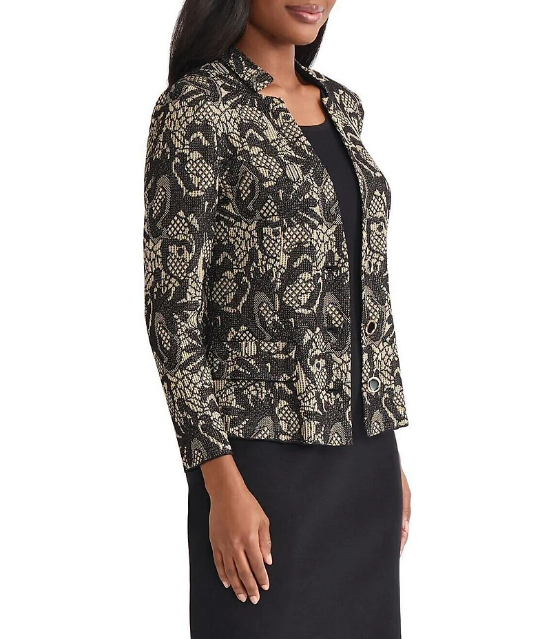 MISOOK Lace Floral Lurex Knit Notch Mandarin Collar Long Sleeve Jacket