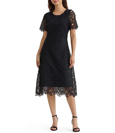 MISOOK Lace Mixed Media Round Neck Short Sleeve Fit-And-Flare Midi Dress