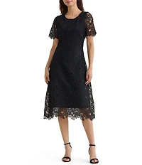 MISOOK Lace Mixed Media Round Neck Short Sleeve Fit-And-Flare Midi Dress