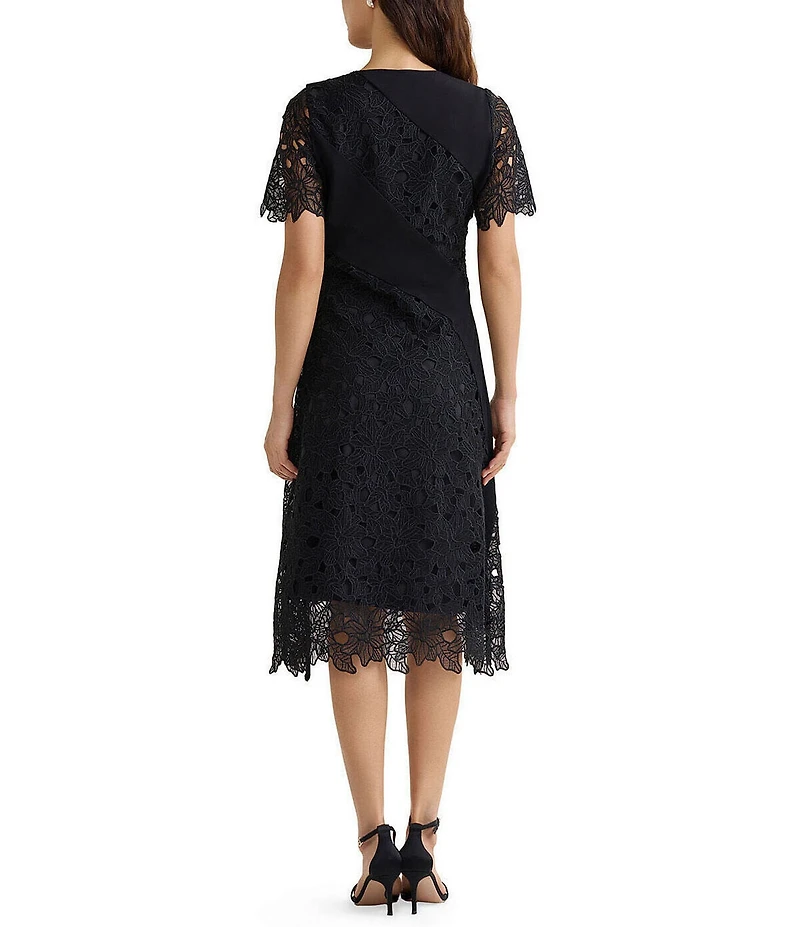 MISOOK Lace Mixed Media Round Neck Short Sleeve Fit-And-Flare Midi Dress