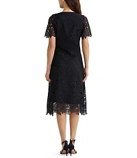 MISOOK Lace Mixed Media Round Neck Short Sleeve Fit-And-Flare Midi Dress