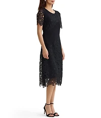 MISOOK Lace Mixed Media Round Neck Short Sleeve Fit-And-Flare Midi Dress