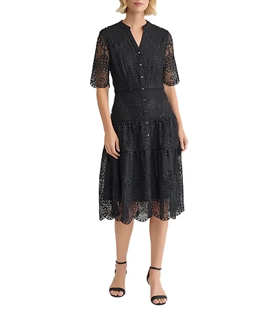 MISOOK Lace Split V-Neck Short Sleeve Tiered Scallop Trim Midi Dress