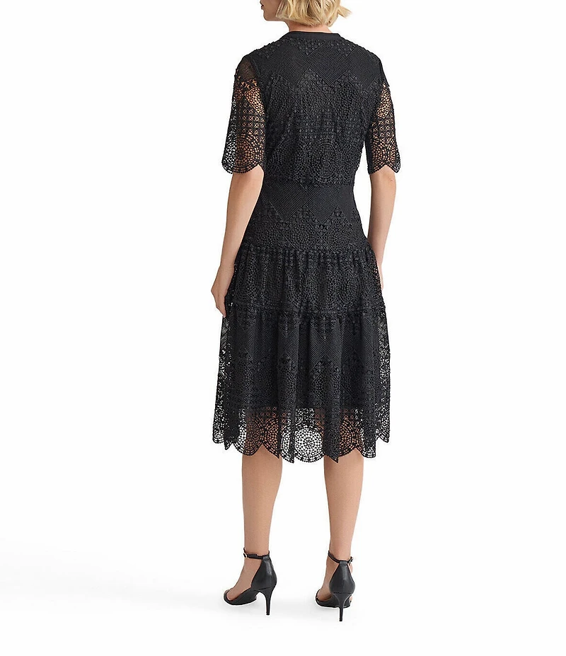 MISOOK Lace Split V-Neck Short Sleeve Tiered Scallop Trim Midi Dress