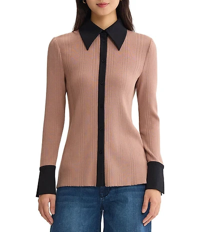 MISOOK Lightweight Mixed-Media Wrinkle-Resistant Point Collar Long Sleeve Contrast Trim Button-Front Shirt