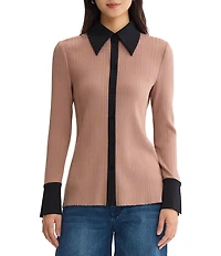 MISOOK Lightweight Mixed-Media Wrinkle-Resistant Point Collar Long Sleeve Contrast Trim Button-Front Shirt