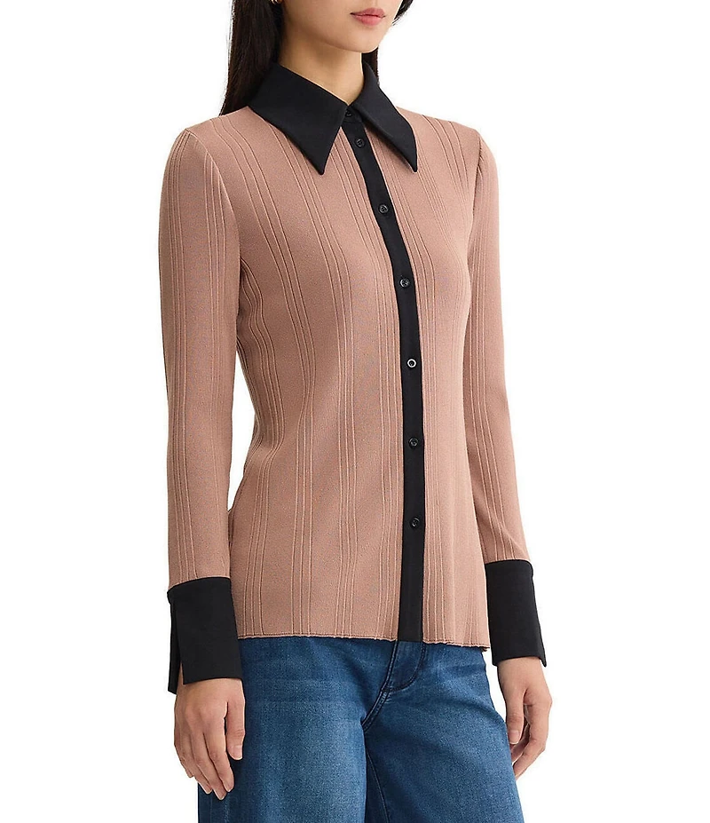 MISOOK Lightweight Mixed-Media Wrinkle-Resistant Point Collar Long Sleeve Contrast Trim Button-Front Shirt