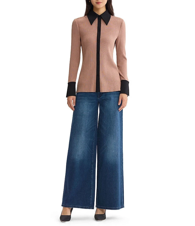 MISOOK Lightweight Mixed-Media Wrinkle-Resistant Point Collar Long Sleeve Contrast Trim Button-Front Shirt