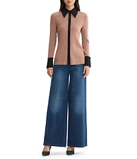 MISOOK Lightweight Mixed-Media Wrinkle-Resistant Point Collar Long Sleeve Contrast Trim Button-Front Shirt