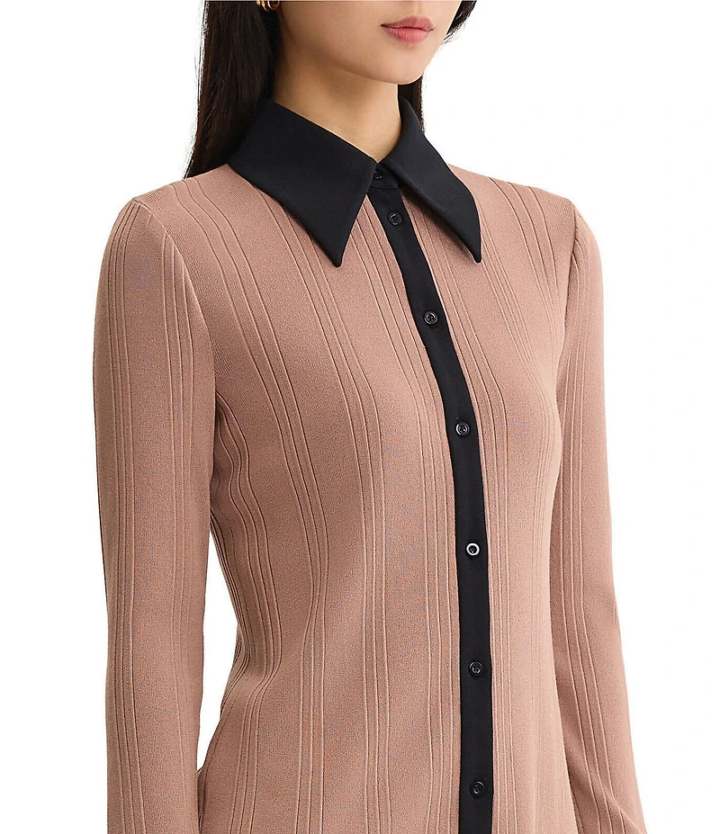 MISOOK Lightweight Mixed-Media Wrinkle-Resistant Point Collar Long Sleeve Contrast Trim Button-Front Shirt