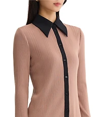 MISOOK Lightweight Mixed-Media Wrinkle-Resistant Point Collar Long Sleeve Contrast Trim Button-Front Shirt