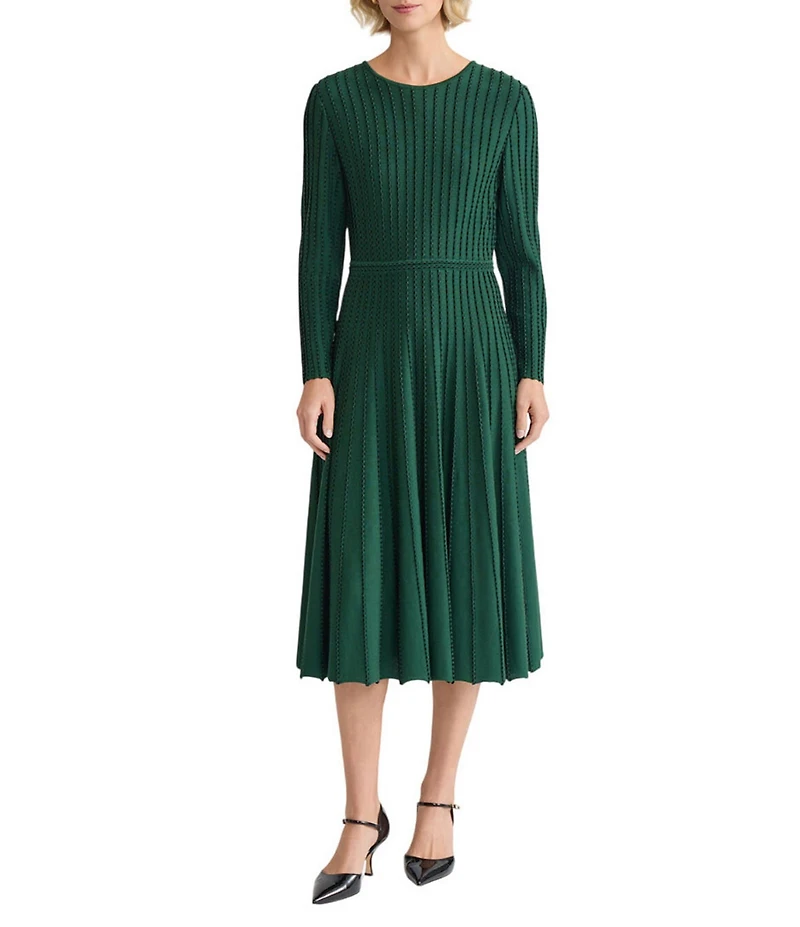 MISOOK Linear Stitch Knit Round Neck Long Sleeve Fit And Flare Midi Dress