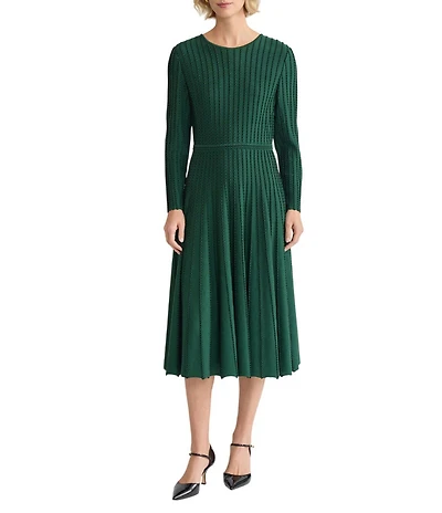 MISOOK Linear Stitch Knit Round Neck Long Sleeve Fit And Flare Midi Dress
