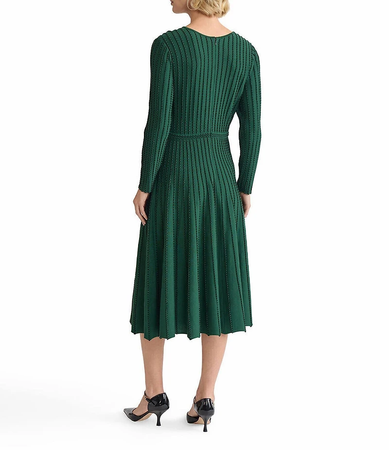MISOOK Linear Stitch Knit Round Neck Long Sleeve Fit And Flare Midi Dress