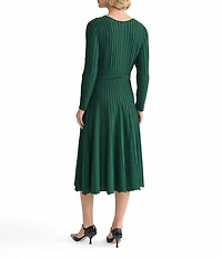 MISOOK Linear Stitch Knit Round Neck Long Sleeve Fit And Flare Midi Dress