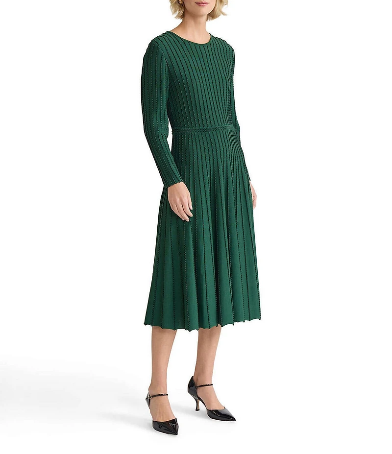 MISOOK Linear Stitch Knit Round Neck Long Sleeve Fit And Flare Midi Dress