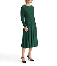 MISOOK Linear Stitch Knit Round Neck Long Sleeve Fit And Flare Midi Dress