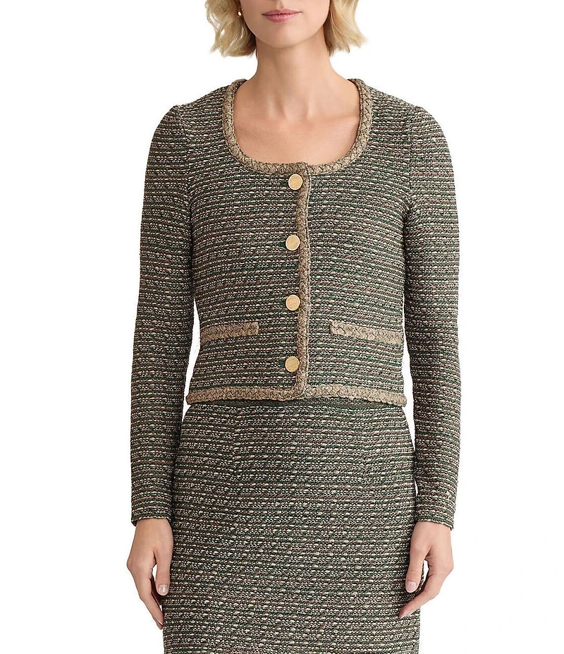 MISOOK Lurex Braided Trim Tweed Knit Scoop Neck Long Sleeve Jacket