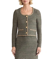 MISOOK Lurex Braided Trim Tweed Knit Scoop Neck Long Sleeve Jacket