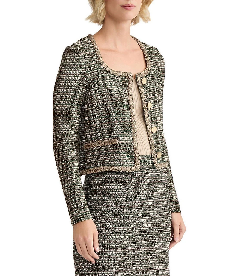 MISOOK Lurex Braided Trim Tweed Knit Scoop Neck Long Sleeve Jacket