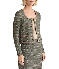 MISOOK Lurex Braided Trim Tweed Knit Scoop Neck Long Sleeve Jacket