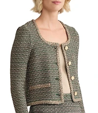 MISOOK Lurex Braided Trim Tweed Knit Scoop Neck Long Sleeve Jacket