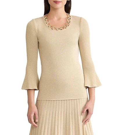 MISOOK Lurex Crochet Knit Grommet Scoop Neck 3/4 Bell Sleeve Top