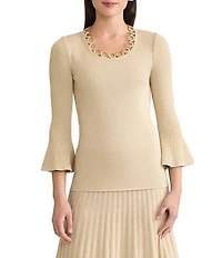 MISOOK Lurex Crochet Knit Grommet Scoop Neck 3/4 Bell Sleeve Top